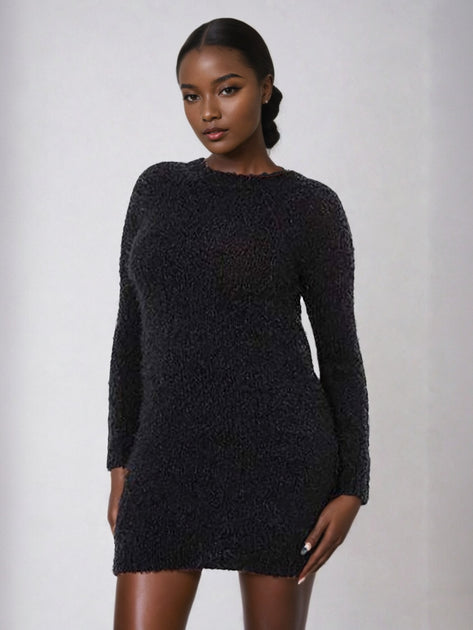 Naima Black Fluffy Knit Mini Jumper Dress | Knit Wear