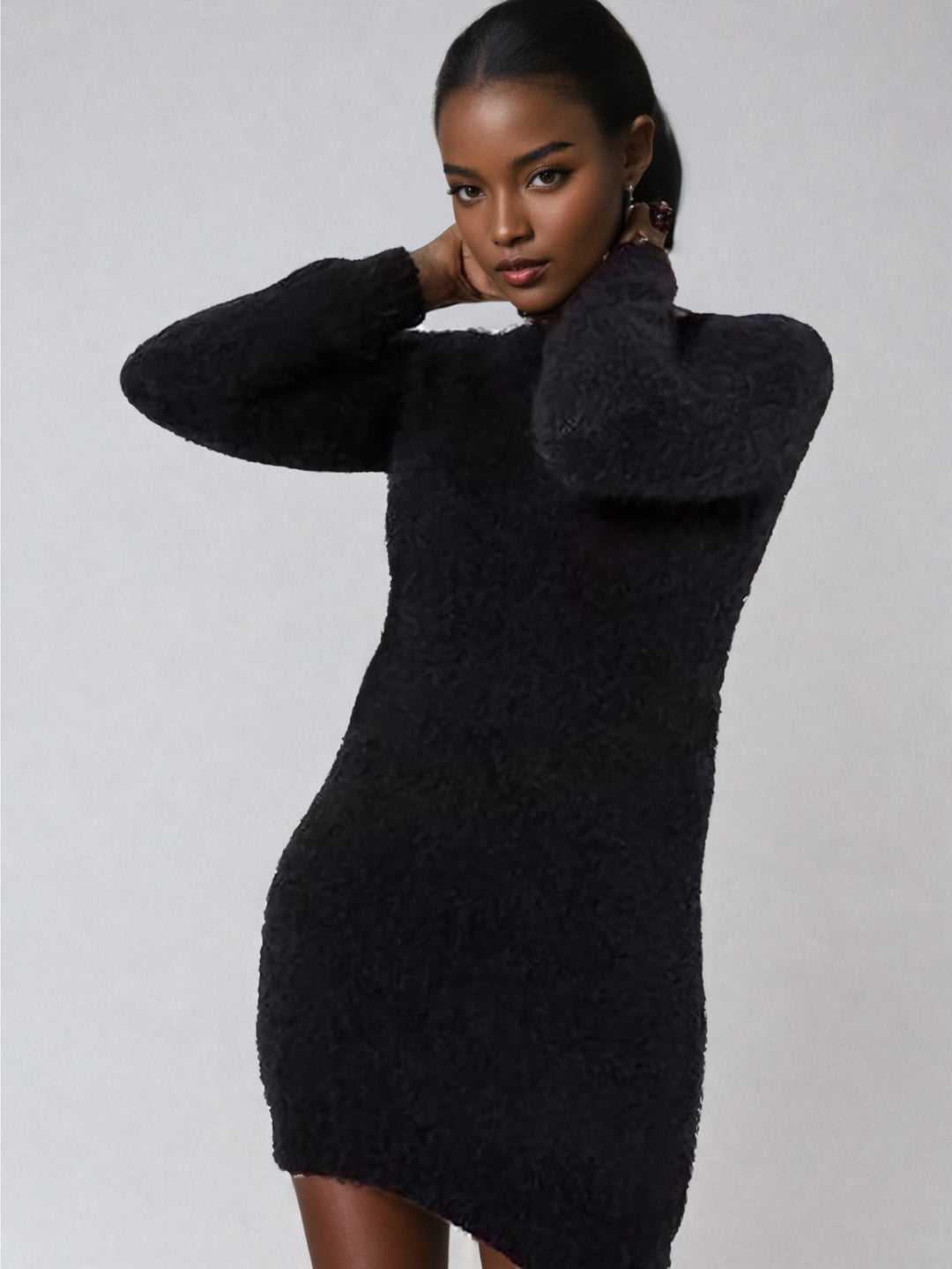 Naima Black Fluffy Knit Mini Jumper Dress