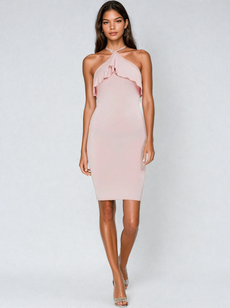 peach bodycon dress Dani Blush Cross Strap Frill Jersey Dress| Kandy's Clothes Production Style:Rush date-night Sade Slip Dress - and date nights Material